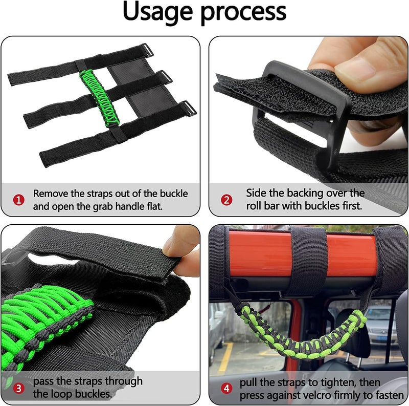Kujunpao 4 X Roll Bar Grab Handles Grip Handle Compatible with Jeep Wrangler JLU JK JKU TJ YJ LJ JT JL & Gladiator JT 1987-2021 UTV & ATV, Fits 1.5 to 3 Inch Bars 3 Straps Woven Holder(Green - Image 3